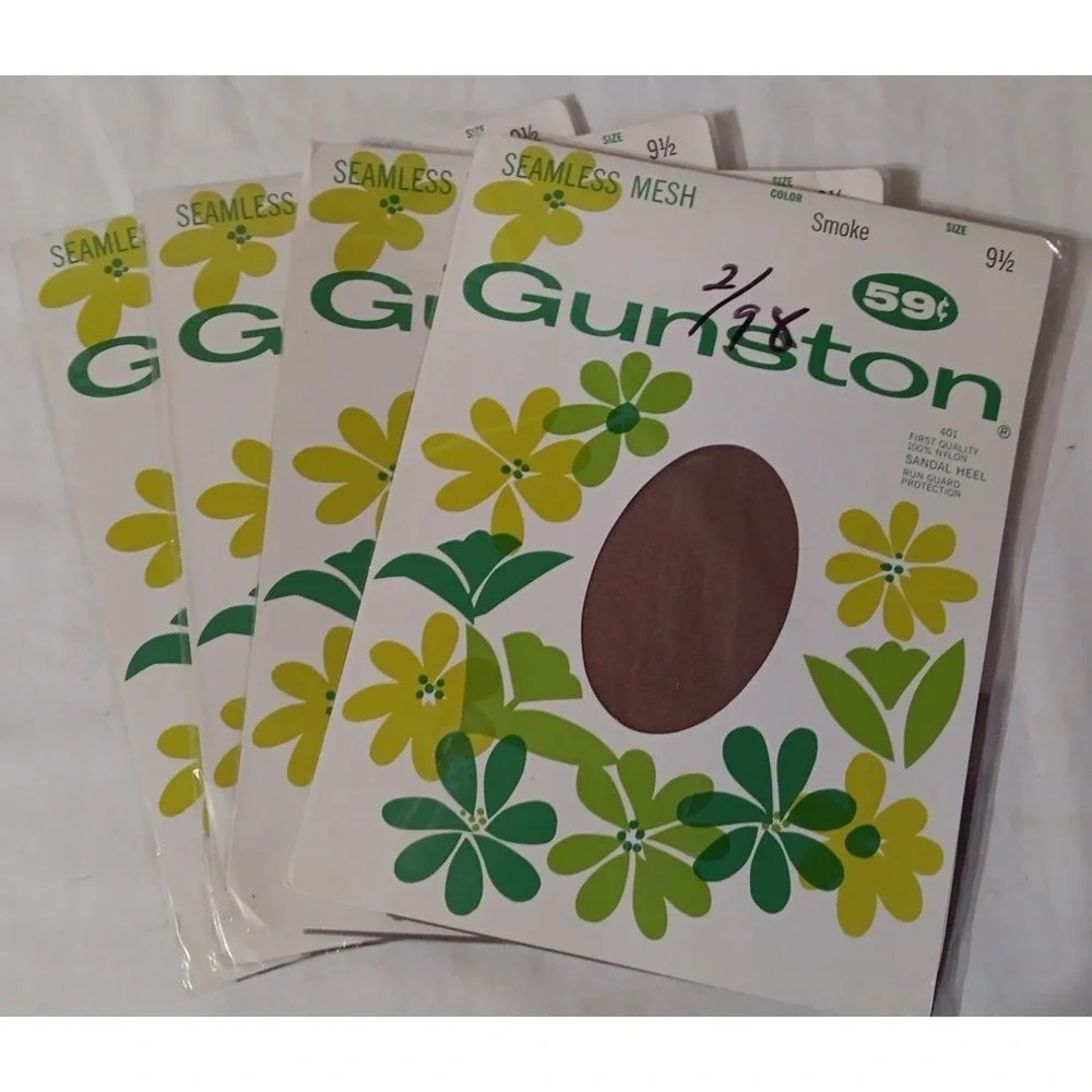Vtg Gunston Nylon Pantyhose‎ Sz 9.5 Seamless Mesh Smoke 4 Pkgs NOS 60's